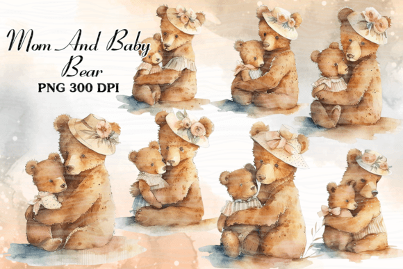 Mama and Baby Bear Watercolor Clipart