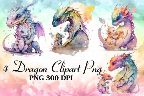 Mom and Baby Dragon Watercolor Clipart