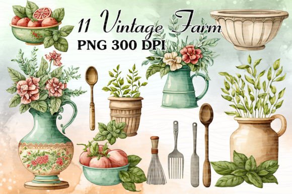 Vintage Farm Watercolor Clipart