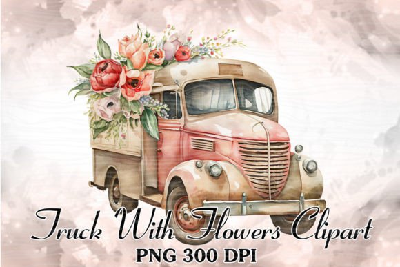 Vintage Floral Truck Watercolor Clipart