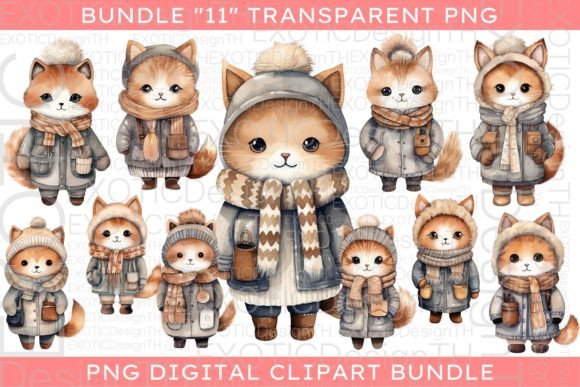 Watercolour Feline Winter Wonderland PNG